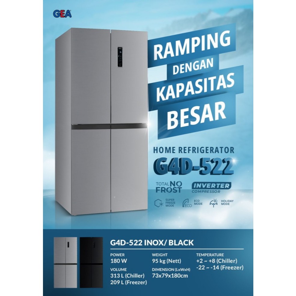 KULKAS 4 PINTU GEA INVERTER G4D - 522 INOX / KULKAS 4 PINTU GEA INVERTER G4D - 522 BLACK