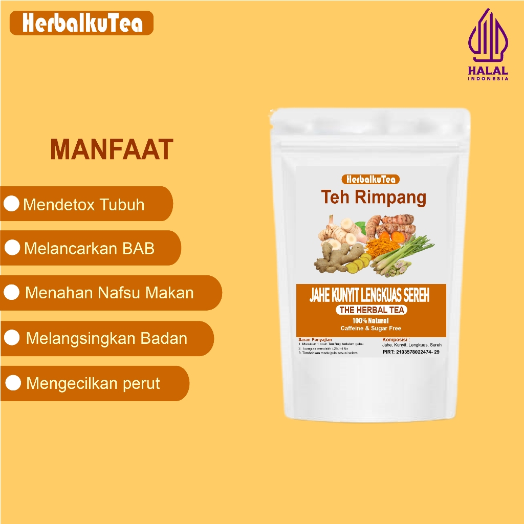 

TEH RIMPANG KUNYIT, JAHE, LENGKUAS, SEREH / TURMERIC, GINGER, GALANGAL & LEMONGRASS TEA - HerbalkuTea