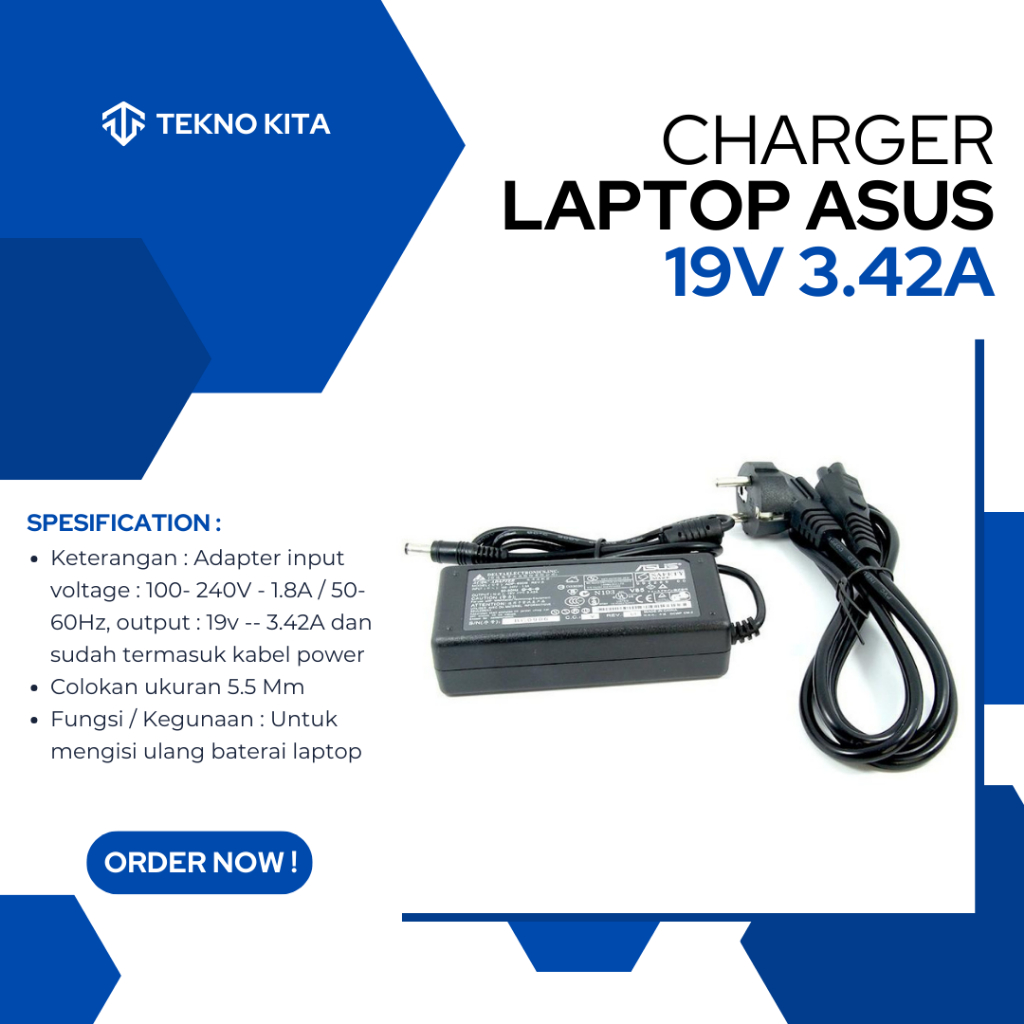 PROMO ADAPTOR LAPTOP ASUS MURAH CHARGER NOTEBOOK 19V - 3.42A CAS BONUS KABEL POWER - TEKNO KITA