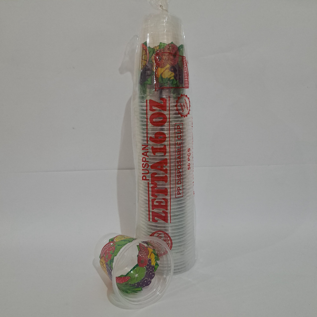 1PAK 50pcs GELAS PLASTIK 14oz 16OZ BUAH SABLON PRINTING CUP 16 TEBAL MOTIF JUS BENING OZ BUBBLE PUSP