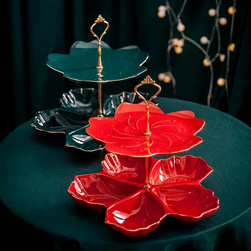 Piring 2 Tingkat Keramik Bunga - Piring Susun - Piring Kue / Buah / Permen Mewah