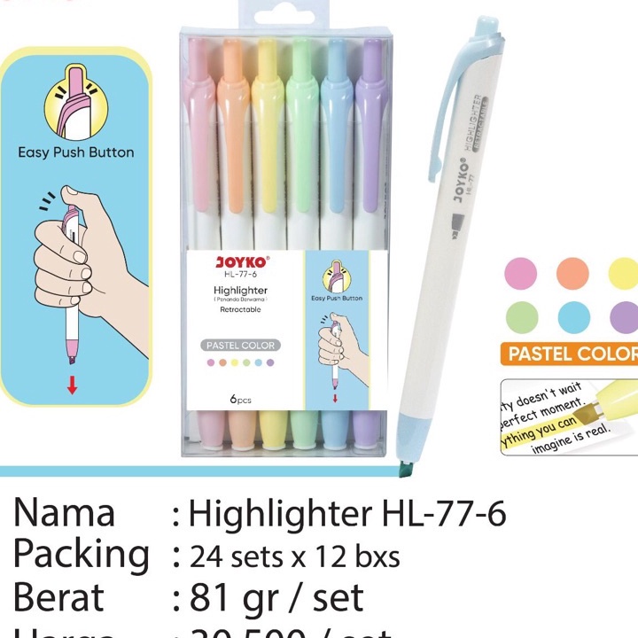 

KP8 HL 77 6 Retractable Hhlhter Set JOYKO Penanda Cetrek 6 Warna Pastel 1 set Stabilo Pastel Color HL776 HL 77 6