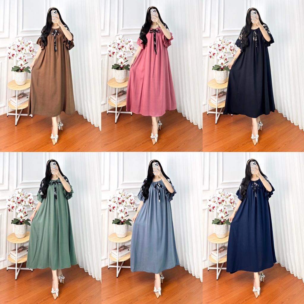Homedress Daster Fuji Panjang Rayon premium Long Dress Wanita Kekinian Bumil Karet Kerut Dada Daster