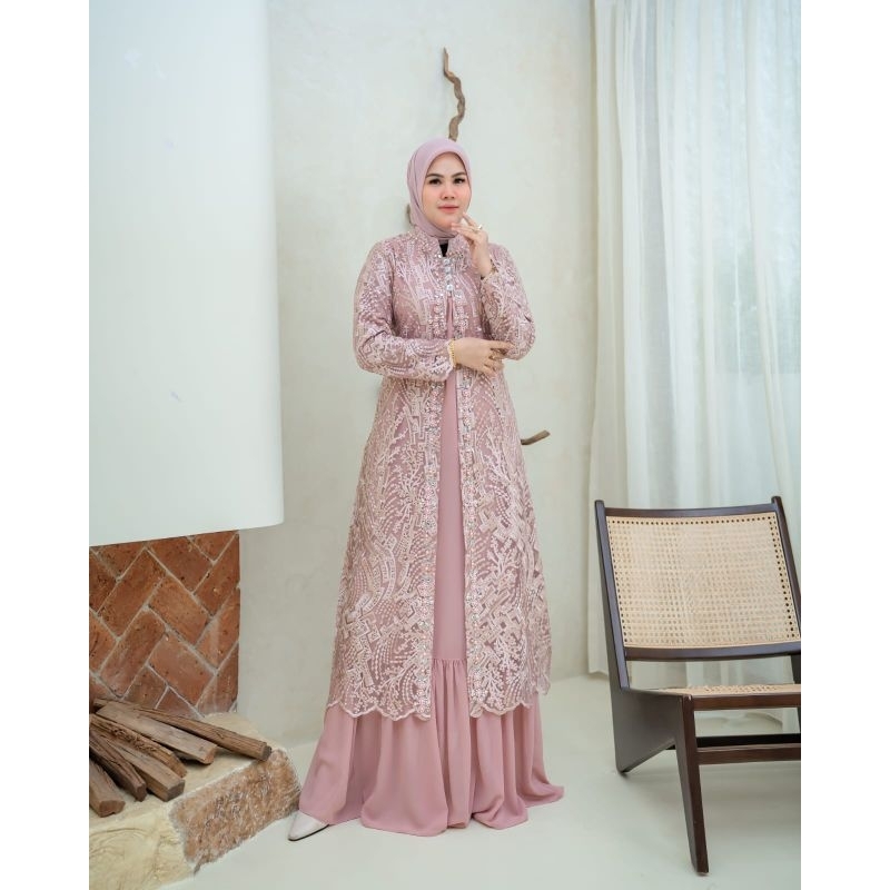 Gamis tile long outer terbaru/ gamis pesta terbaru payet premium manual/ gamis outer kondangan/