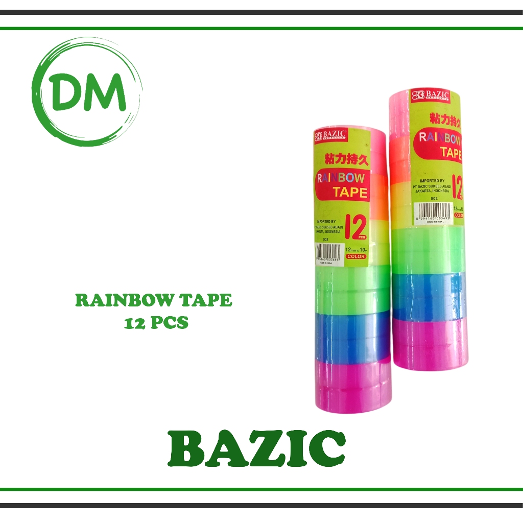 

BAZIC RAINBOW TAPE DEKORASI TAPE / Lakban Solatip Diary Scrapbooking DIY polos 12mm 10y 12 warna