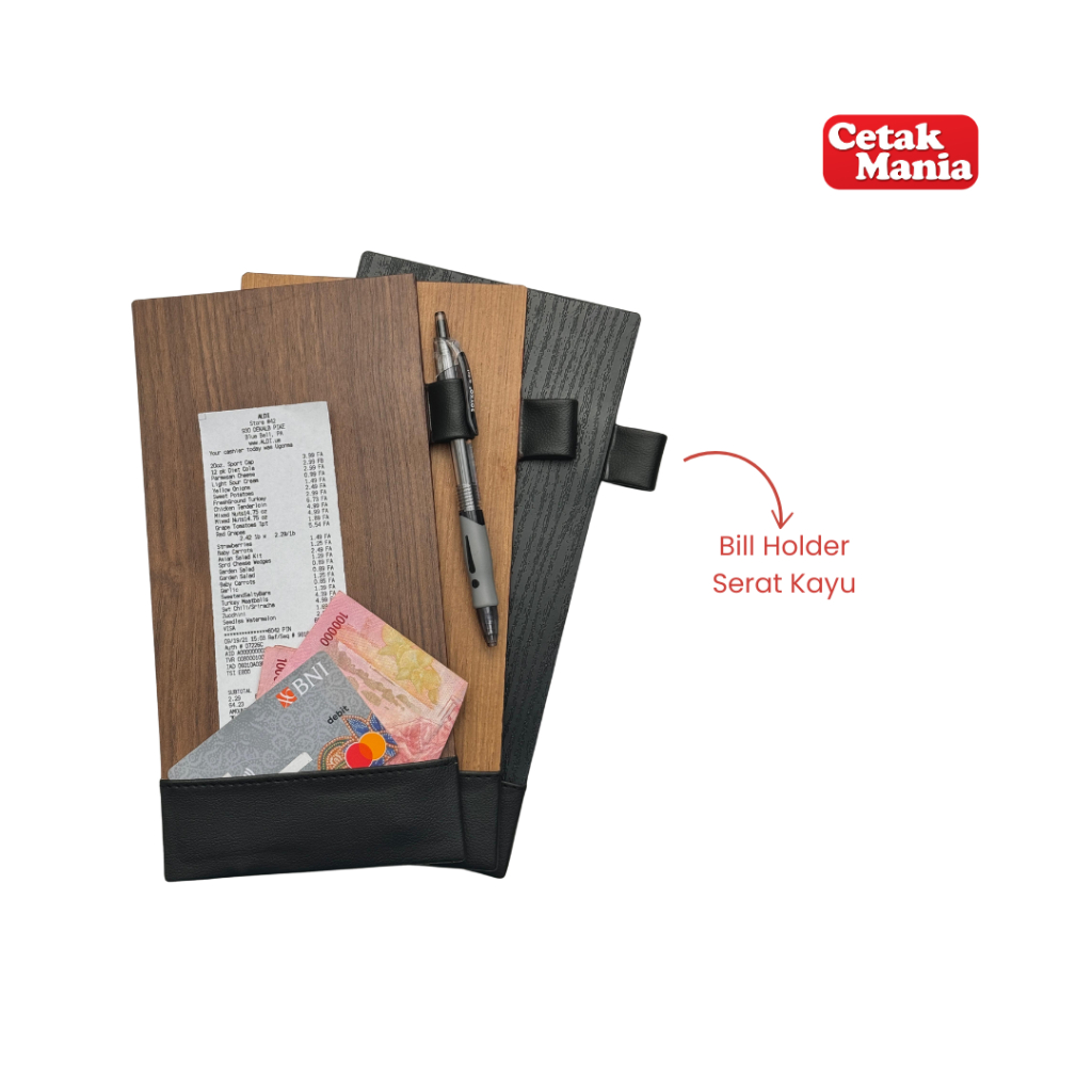 

Cetak Mania - Bill Holder Kayu Vinyl Kantong + Pen Holder Coklat Muda, Coklat Tua, Hitam - Cafe, Coffee Shop, Restoran, Hotel