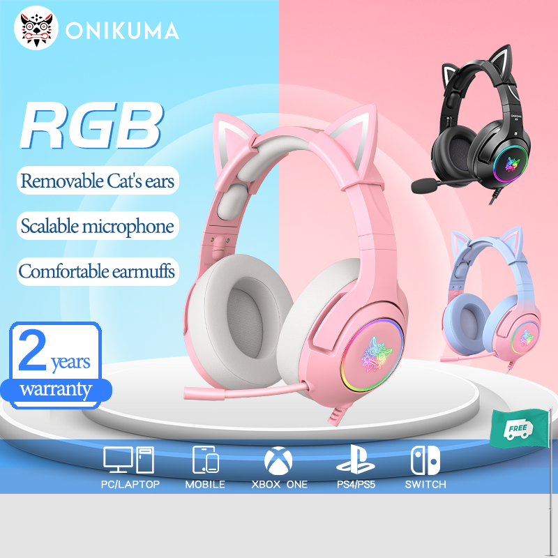 Onikuma K9 pink Rgb Baru Warna Pink Telinga Kucing Lucu Headset Gaming Perempuan Dengan Mikrofon Sal