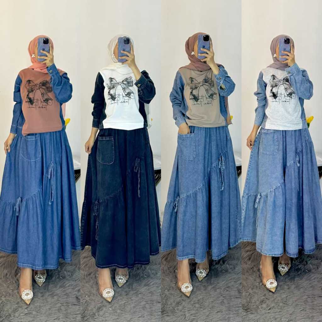 MUTIA SET ROK BAHAN JEANS PREMIUM KOMBINASI KAOS / ATASAN&ROK SET