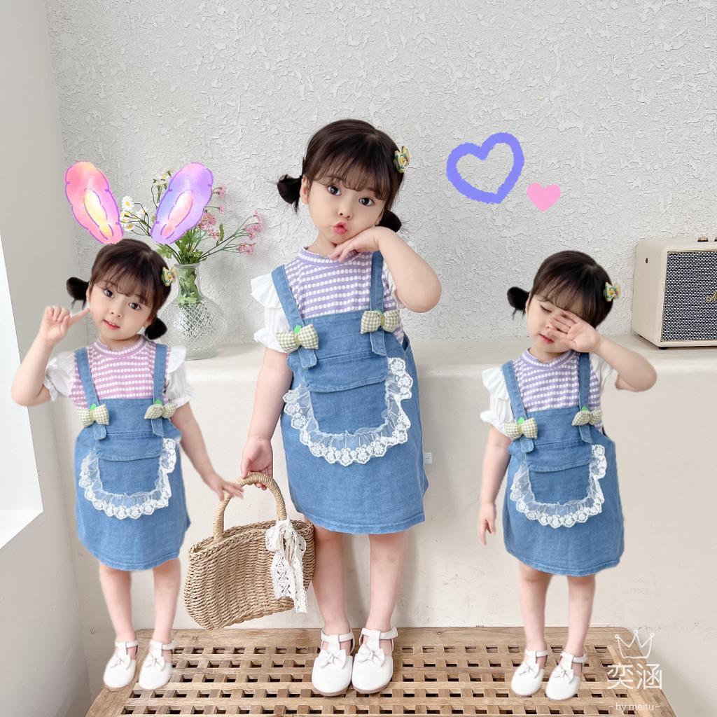 set overall anak perempuan 1-5 tahun bahan jeans mix kaos
