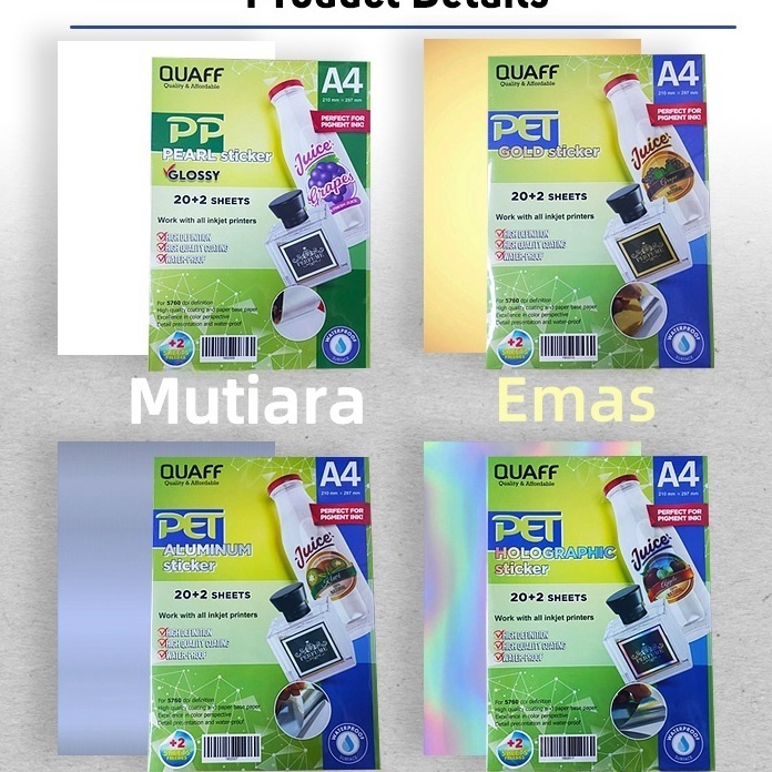 

HJ6 QUAFF Kes Sticker Vinyl Inkjet Anti Air 2 lembarpack ukuran A4 Glossy Matte Transparent stiker tahan air Glosyy Holografik Matte Mutiara