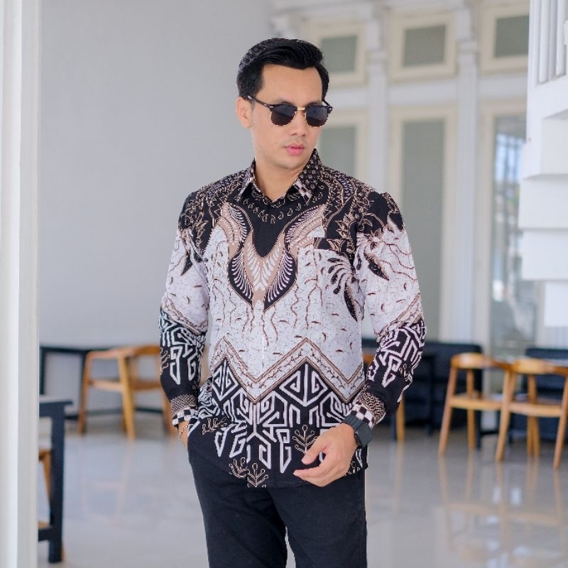 Motif BERAHMA Hitam putih Kemeja Batik Pria Lengan Panjang Lapis Furing Baju Batik Pria Hem Batik Pr