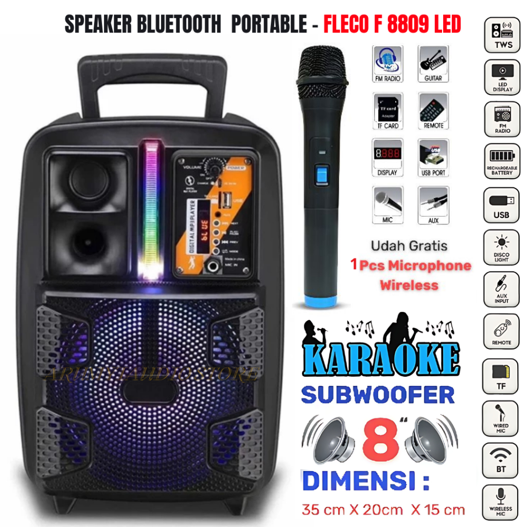 Termurah Speaker Bluetooth Fleco F 8809 Led 8'5 Inch Free Mic Wireless Karaoke + Remote + Stand - Sp