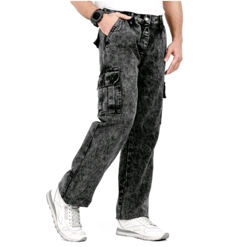 Celana Panjang Cargo Jeans loose fit Reguler Standar Black Sandwash