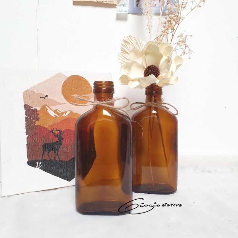 AMBER FLAT Vas Kaca | Vas bentuk botol whiskey | Vas botol gepeng | Aesthetic Vas | Nordic Vas | Sca