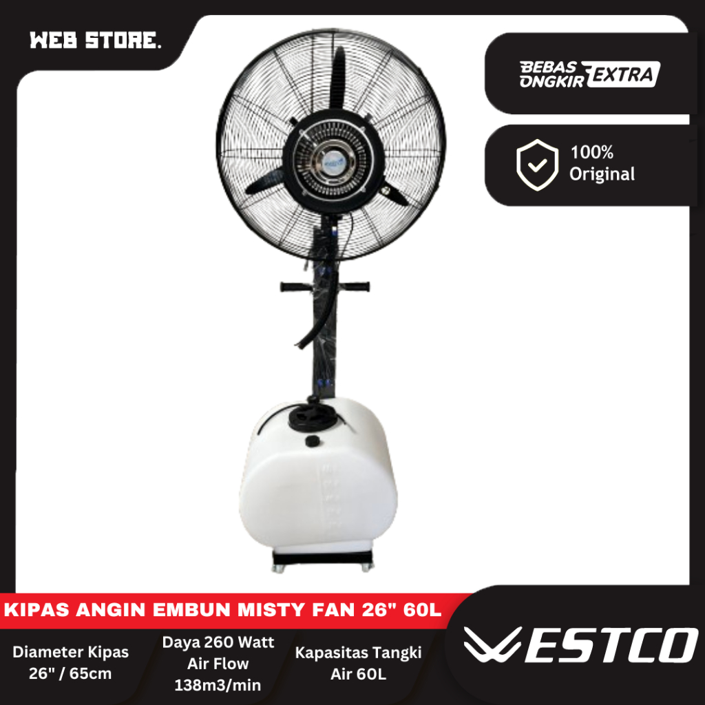 Kipas Angin Embun Westco 26 Inch Mist Fan Spray Fan Embun Kabut Halus Water Tank 60L