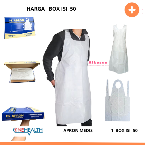 Apron PE Celemek Medis Plastik Sekali Pakai Disposibel Wateroof 1 Box isi 50 Pcs