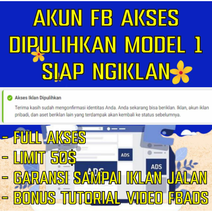 Akun FB Facebook Verified / Status Iklan dipulihkan (Model 1) + Support Ads Personal + Full Akses Em