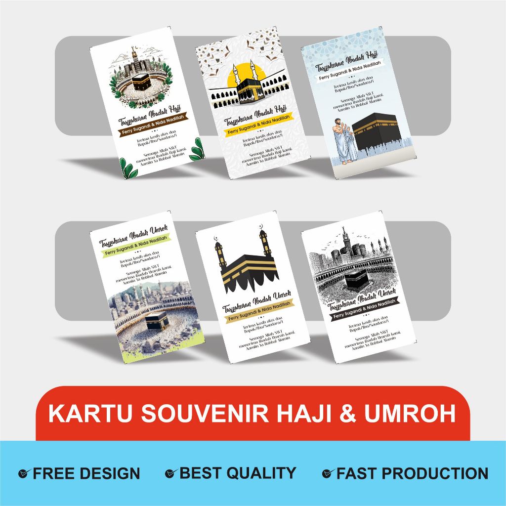 Kartu Ucapan Haji dan umroh - Kartu Syukuran Bingkisan Souvenir oleh-oleh haji & Umroh