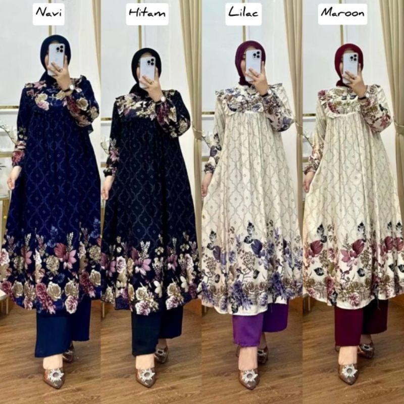 Set Long Tunik Bahan Rayon Diamond Mix Crinkle Airflow