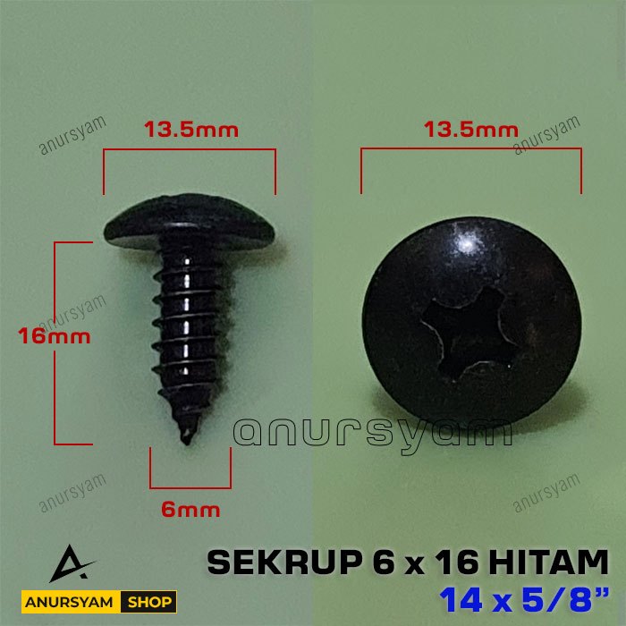 Sekrup 6x16 Hitam - Skrup 14x5/8 in - Sekrup Hitam 6x16 - Philips Truss Head Self Tapping Screw M6