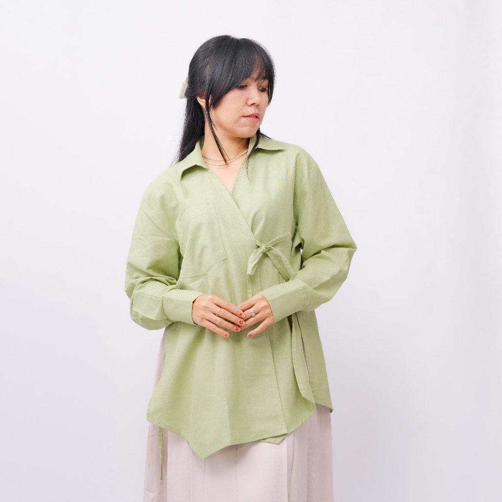 SONNE - PAVO - atasan hijau wanita tali - kemeja tali cewe - kimono shirt - baju cewe hijau muda