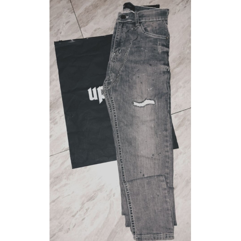 Uprise Paint And Chain Grey Denim Ripped Jeans Biker