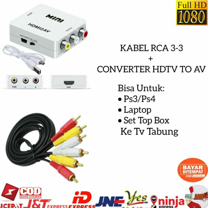 CONVERTER MINI BOX HDMI TO AV RCA ADAPTER  KABEL RCA TO RCA 15M  DARI LAPTOP PS3 STB KE TV TABUNG
