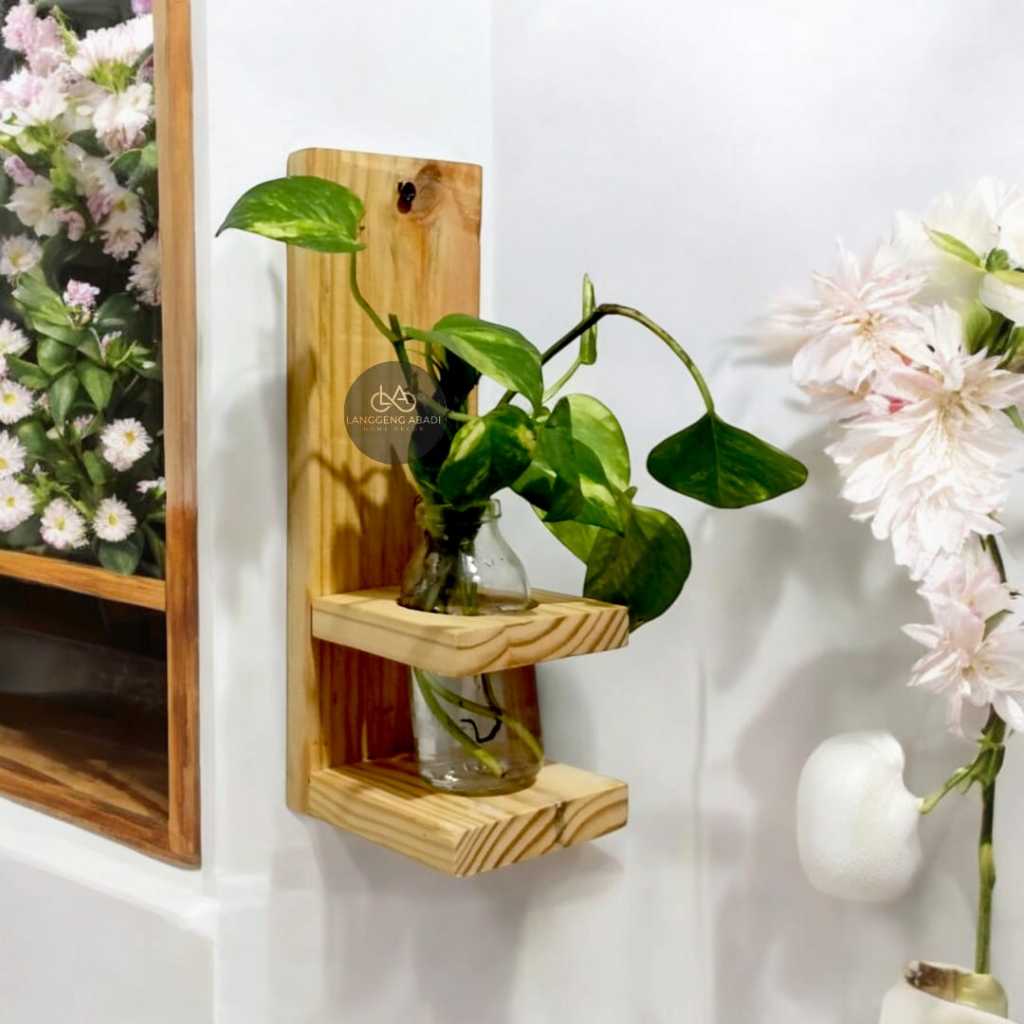 RB Vas Bunga Botol Gantung Kayu Vas Kaca Gantung Estetik Vas Kaca Mini Standing Pot Kayu
