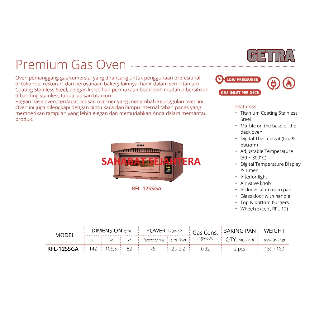 GETRA Premium Gas Oven RFL-12SSGA Oven Pemanggang Kue & Roti