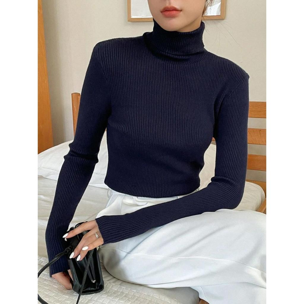 KAOS TURTLENECK LENGAN PANJANG WANITA / KAOS CEWEK BAHAN RAJUT/RIB / KAOS RAJUT PREMIUM LEHER TINNGI