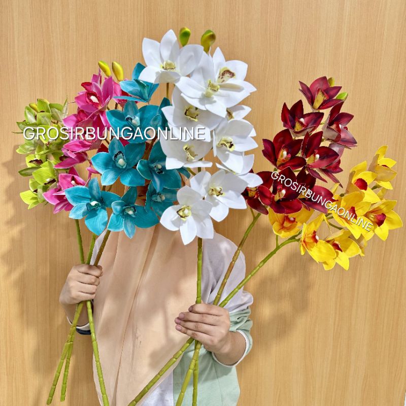 Cymbidium Anggrek Latex Premium 3D Tebal Real Touch 10 Kuntum, Latek Artificial