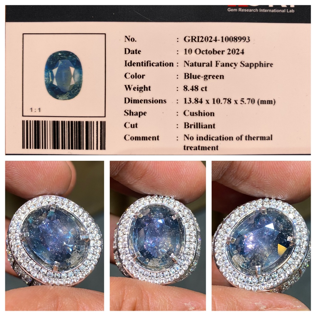 Natural 8.48ct fancy sapphire blue green no heat inclusi