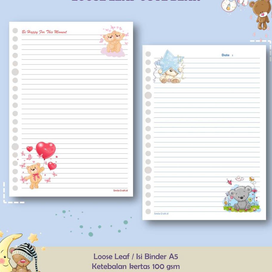 

KI3 KES LOOSE LEAF ISI BINDER REFILL NOTEBOOK A5 KARAKTER CUTE BEAR 1 GSM