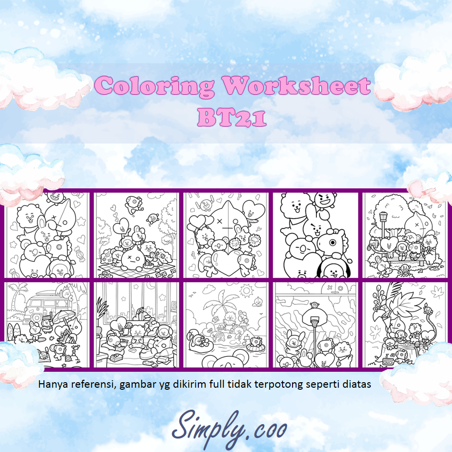 

SOUVENIR WORKSHEET LEMBAR KERJA KERTAS MEWARNAI GAMBAR TEMA BT21 BTS BARBIE BACK TO SCHOOL BERUANG MAKANAN SUSHI KUE ULANG TAHUN MAHKOTA KAWAII GIRL PROFESI