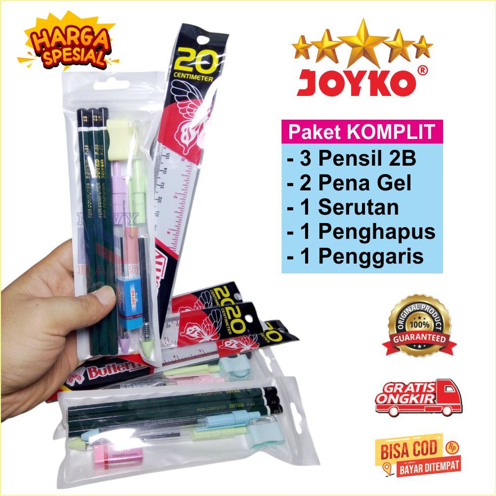 

3 PENSIL 2B JOYKO, 2 PENA GEL JOYKO, PENGHAPUS JOYKO, SERUTAN JOYKO, PENGGARIS