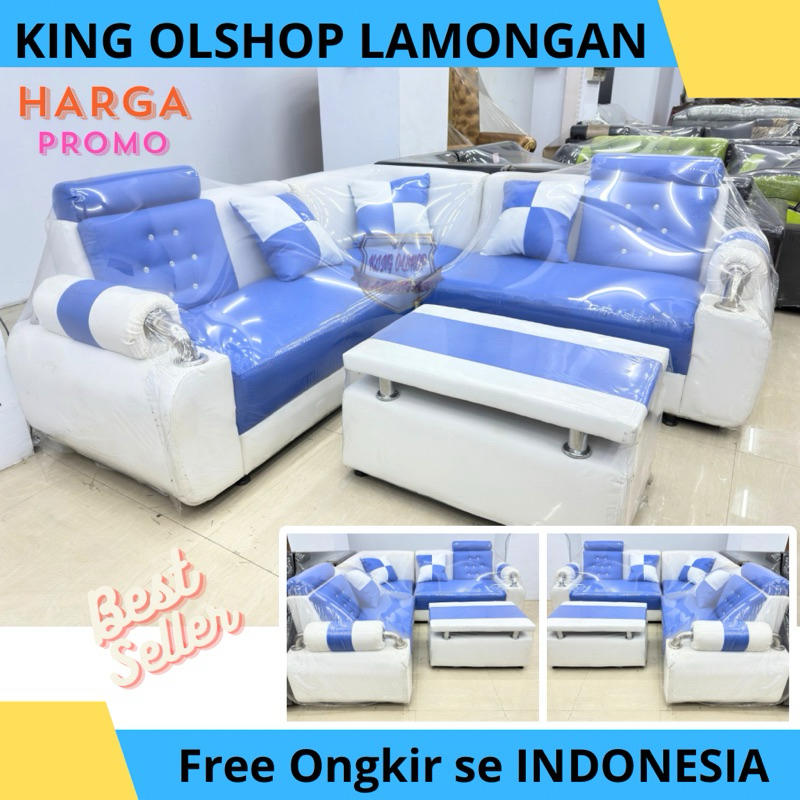 Satu Set Sofa Ebo Sudut Putih Biru [LAMONGAN]