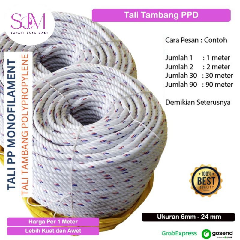 Tali Tambang PPD 6mm 8mm 10 mm 12mm 14mm 16mm 18mm 20mm 22mm 24mm Tali Tambang PP Besar Sedang Kecil