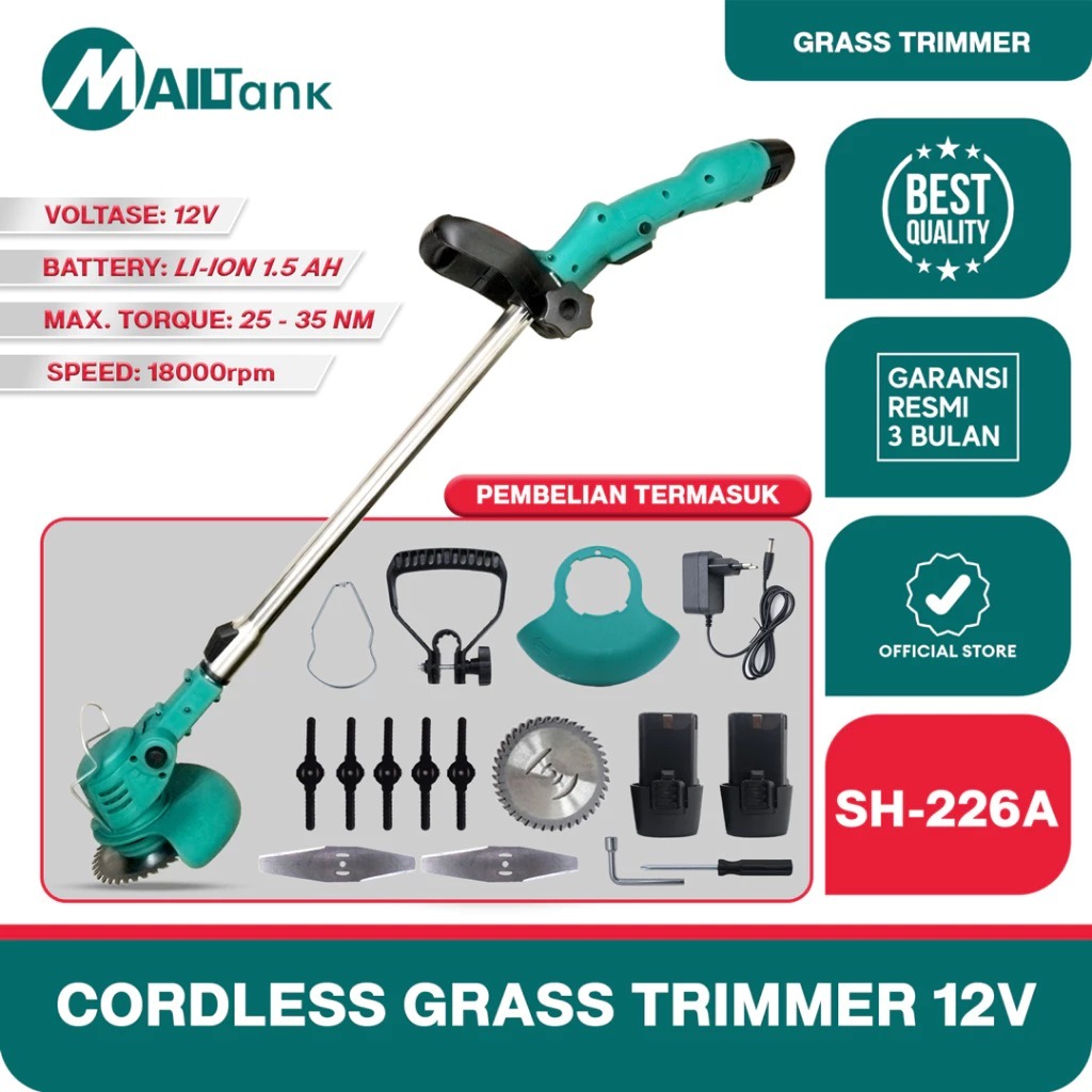 Mailtank SH226A Mesin Potong Rumput Baterai 12volt Cordless GRASS TRIMMER Berkualitas 2 BATERAI