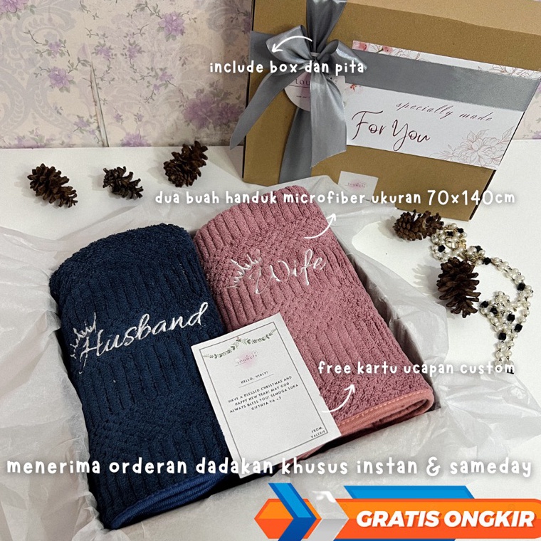Terbaik Hampers Handuk Bordir Husband Wife 7x14cm Couple  Hampers Handuk Couple Wedding Pernikahan  