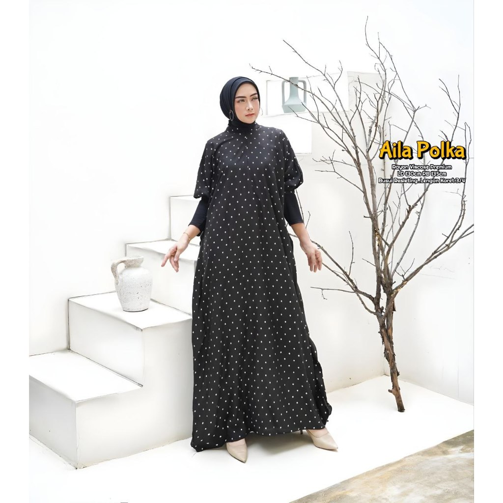 Aila Kaftan Wanita Kekinian Jumbo Rayon Viscose Premium Polkadot Dress Bigsize Gamis Muslim LD 130cm