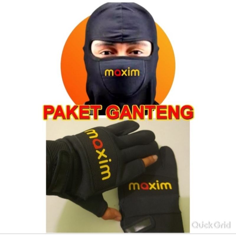 PAKET GANTENG MASKER BUFF DAN SARUNG TANGAN DUA JARI TERBUKA OJOL MAXIM GOO J3K / GREB / INDRIVER / 