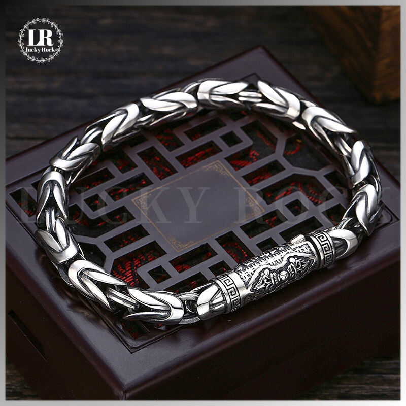 Lucky-1152 Gelang Pria Kualitas Tinggi Pria Gaya Etnik Gelang Perak Gaya Cina Retro Perdamaian Dikep