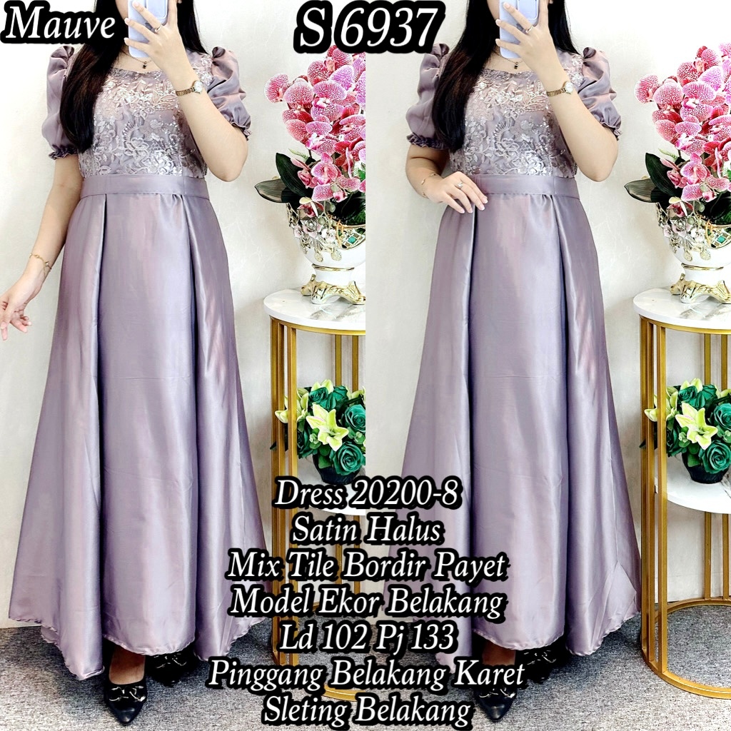 6937 #Longdress Satin Kombinasi Tile Bordir Payet Maxi Gaun Wanita