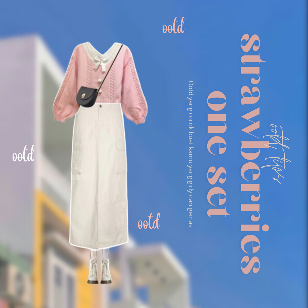 OOTD STRAWBERRIES 3IN1 ONE SET KOREAN STYLE SET BAJU MUSLIM REMAJA SETELAN WANITA