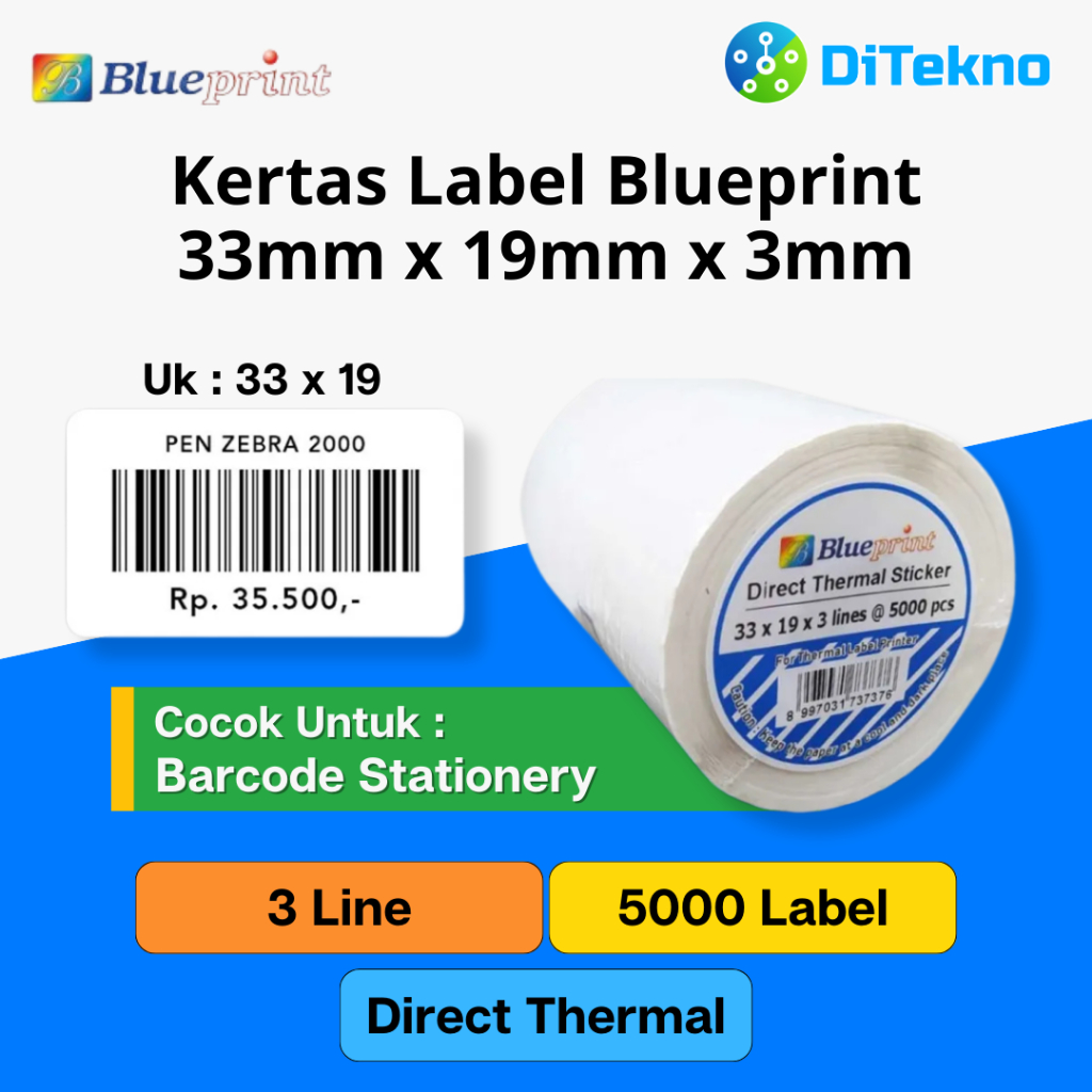 

Blueprint Barcode Direct Thermal 33x19 3 Line 5000 PCS Kertas Label Stiker