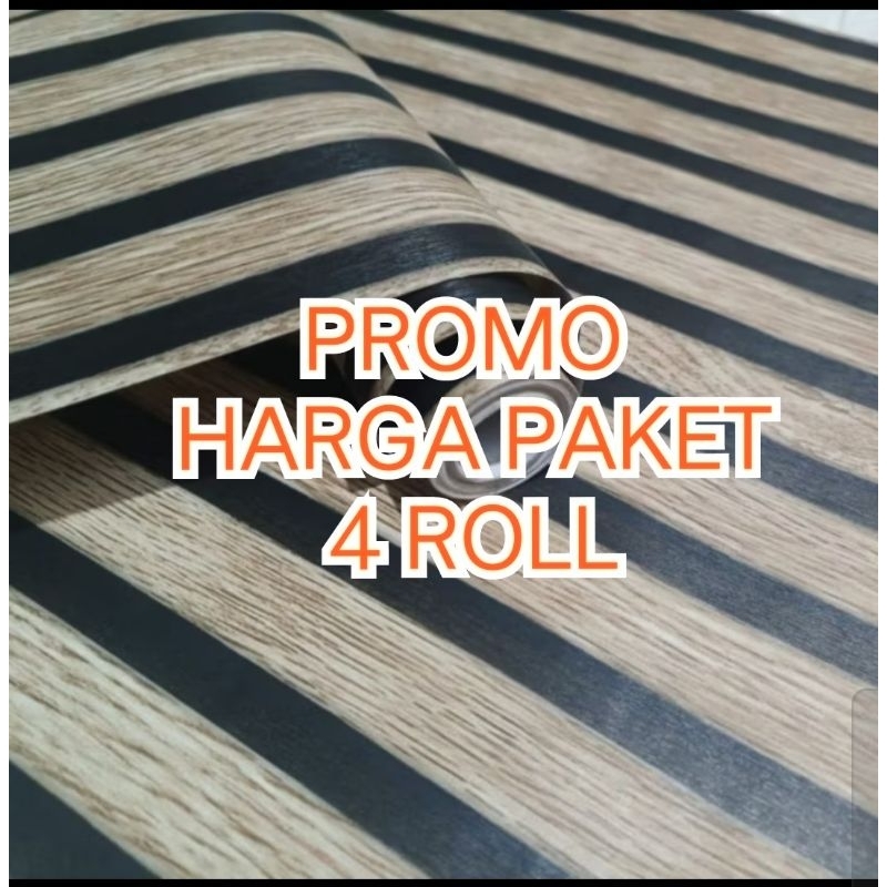 PROMO HARGA PAKET 4 ROLL WALLPAPER DINDING STIKER DINDING MOTIF KAYU COKLAT GARIS HITAM MURAH BERKUA