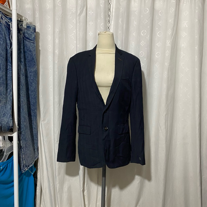 Blazer pria agak navy semi garis tipis ungu m slim fit