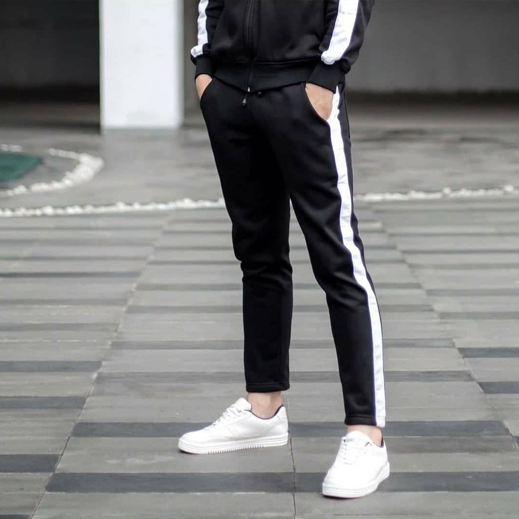 CELANA TRAINING PRIA WANITA 918 HITAM LIST PUTIH  JOGGER TRACKPANTS FLEECE TEBAL