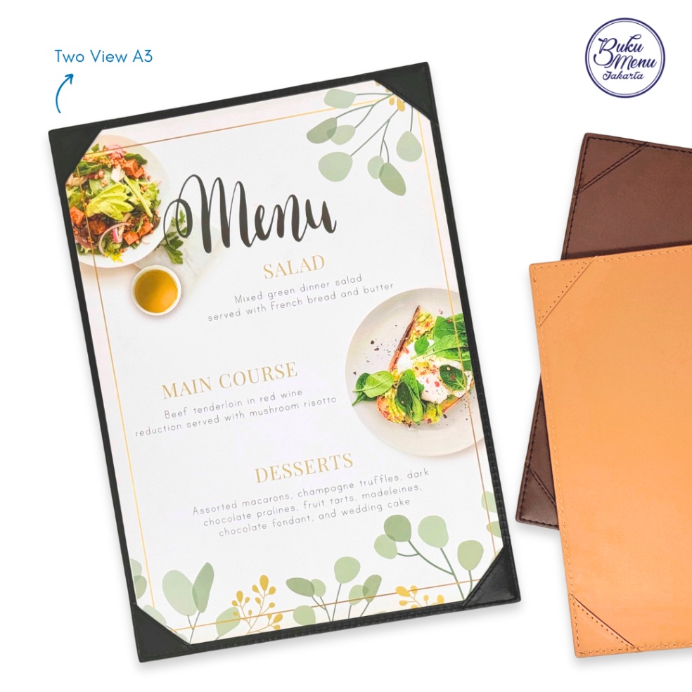 

KODE T95Y Buku Menu Kulit model Two View dua sisi ukuran A3 Ready Stock Restoran Cafe Hotel