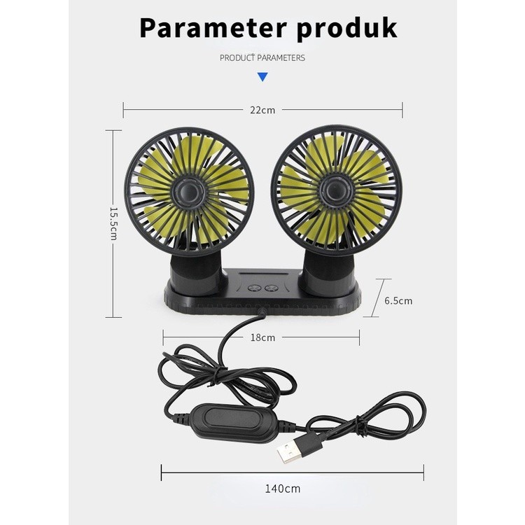 Portable Car Fan Kipas Angin Mobil 12 & 24 Volt -  360Derajat - Double Head USB